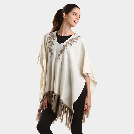Embroidered Flower Vine & Tassel Poncho Sweater