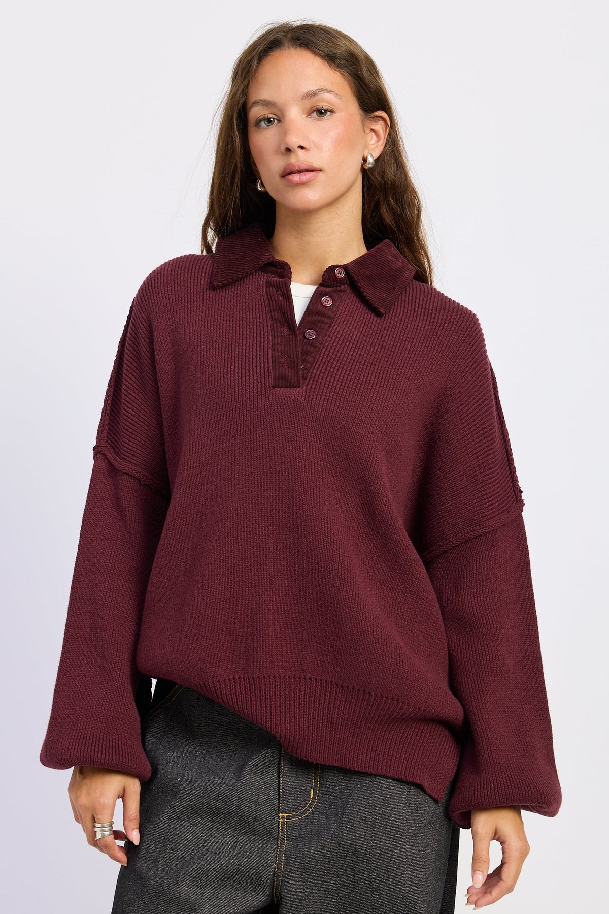 Emory Park Arantxa Sweater in Burgundy - Aran Sweater Coats (top)