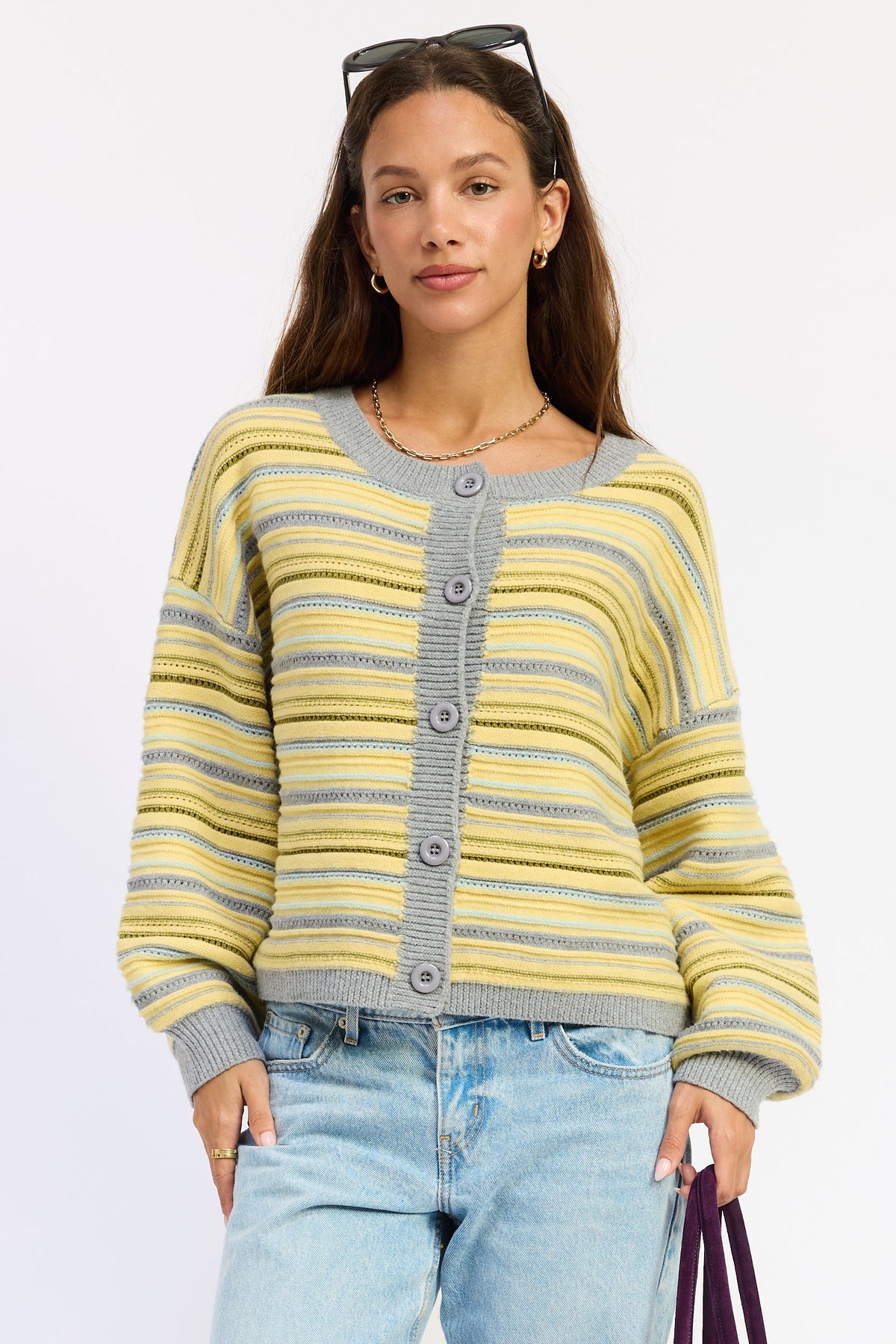 Emory Park Ellie Cardigan Top in Lemon Grey Multi - Ellie Cardigan Carly Jean