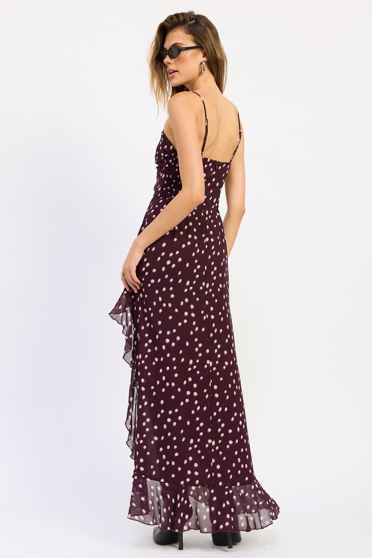 Emory Park Rayna Maxi Dress in Wine Polka Dot view 3 - Rayna Maxi Dress Leo Lin