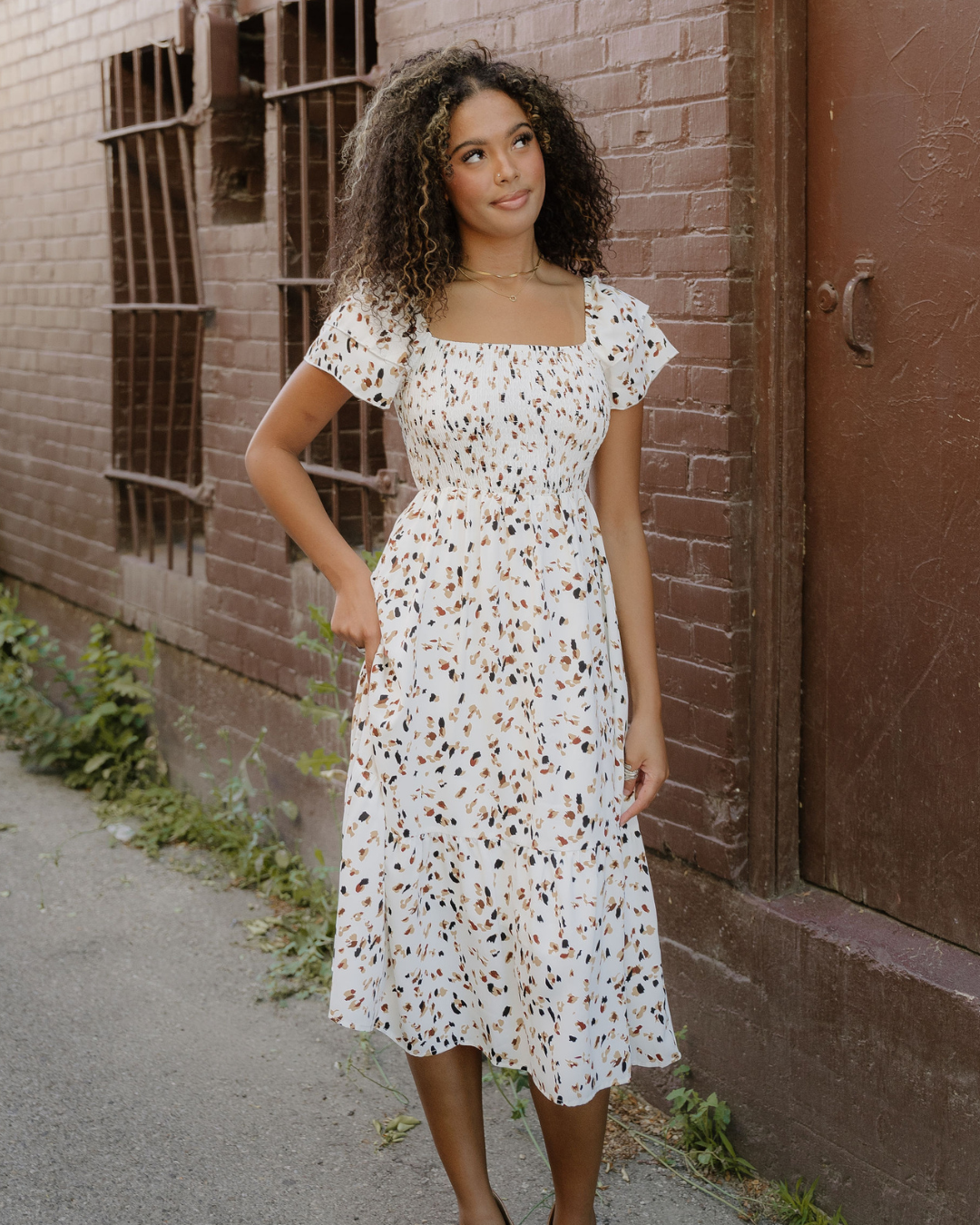 Estelle Smocked Square Neck Ruffle Short Sleeve Dress in L view 3 - Estelle Sleeveless Dress