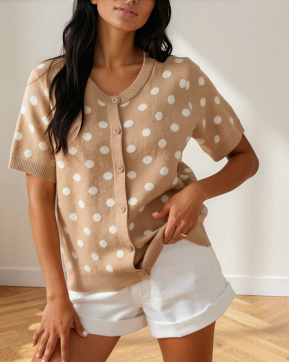 Eva Polka Dot Short Sleeve Button Down Sweater Cardigan in M view 2 - Pol Sweater (top)