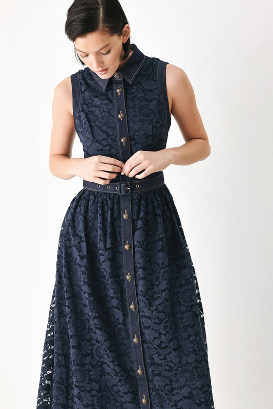 Evening Lace Chapter Woven Midi Dress in NAVY/DARK DENIM view 2 - Evening Lace Dresses Long