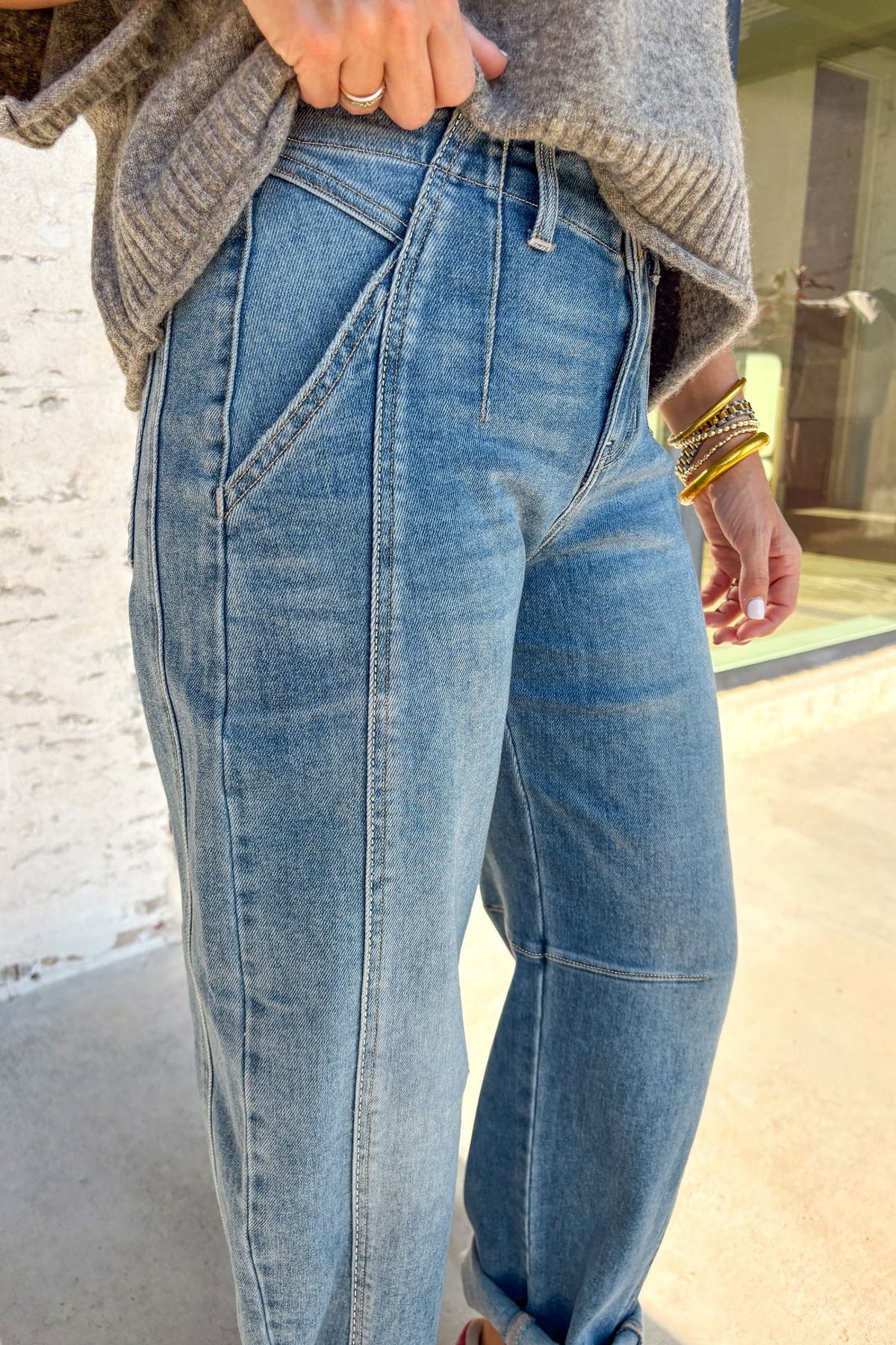 Fallon Blue Medium Wash Cuffed Barrel Jeans in 10 view 4 - Fall Wardrobe Essential - Jimmy Fallon Blue Jeans (bottom)