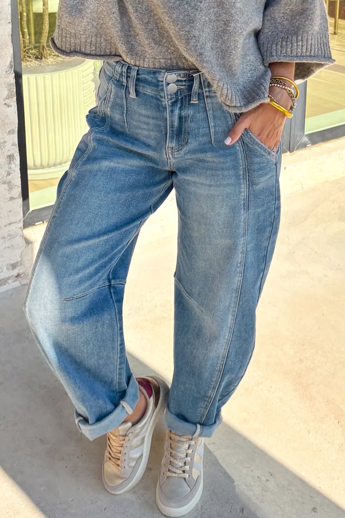 Fallon Blue Medium Wash Cuffed Barrel Jeans in 8 view 3 - Fall Wardrobe Essential - Jimmy Fallon Blue Jeans (bottom)