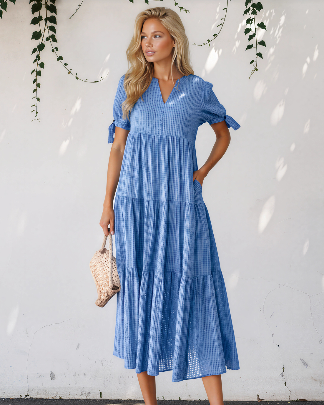 Faye Gingham Textured Bow Tie Short Sleeve Tiered Midi Dress in Dusk Blue view 2