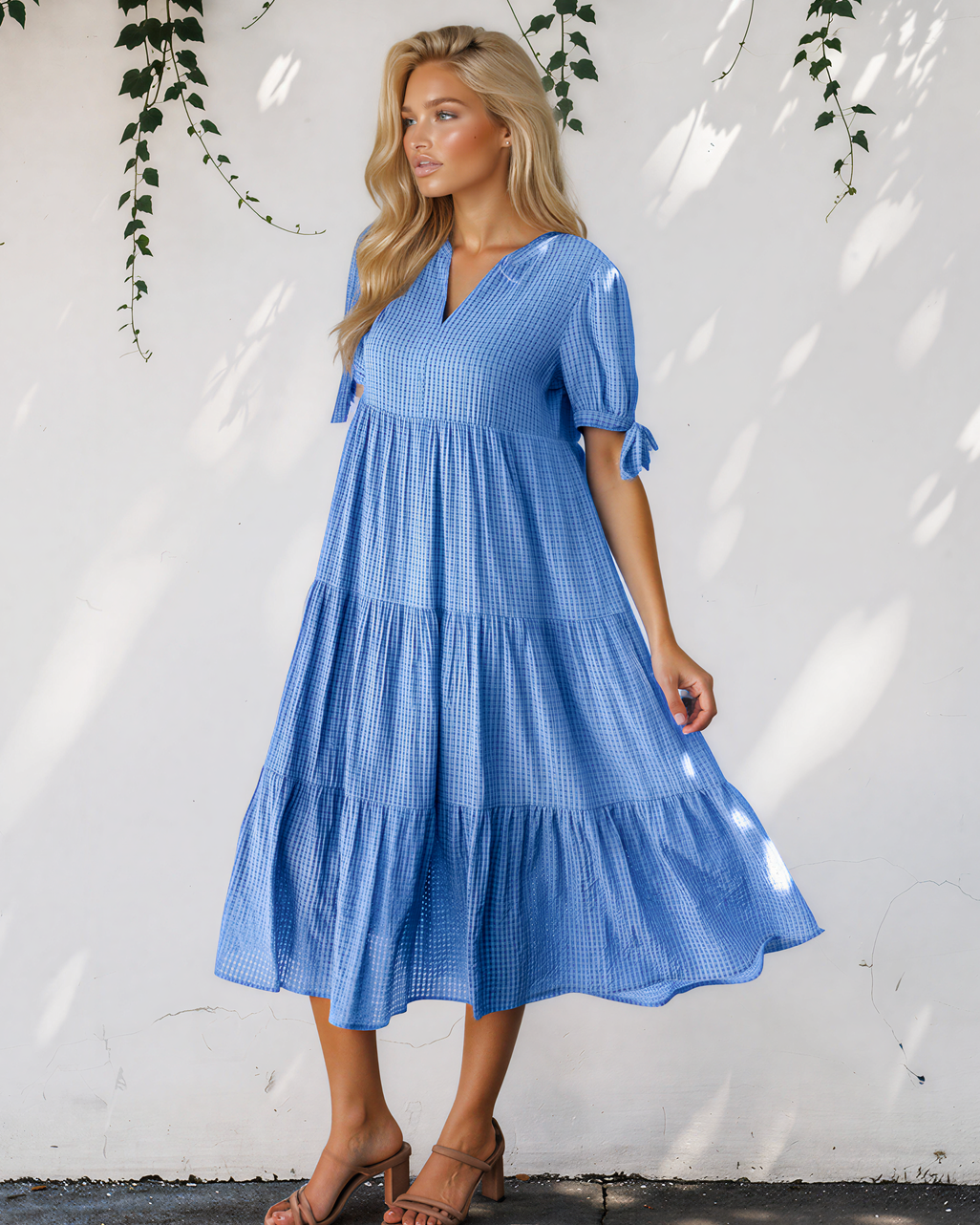 Faye Gingham Textured Bow Tie Short Sleeve Tiered Midi Dress in Dusk Blue view 4