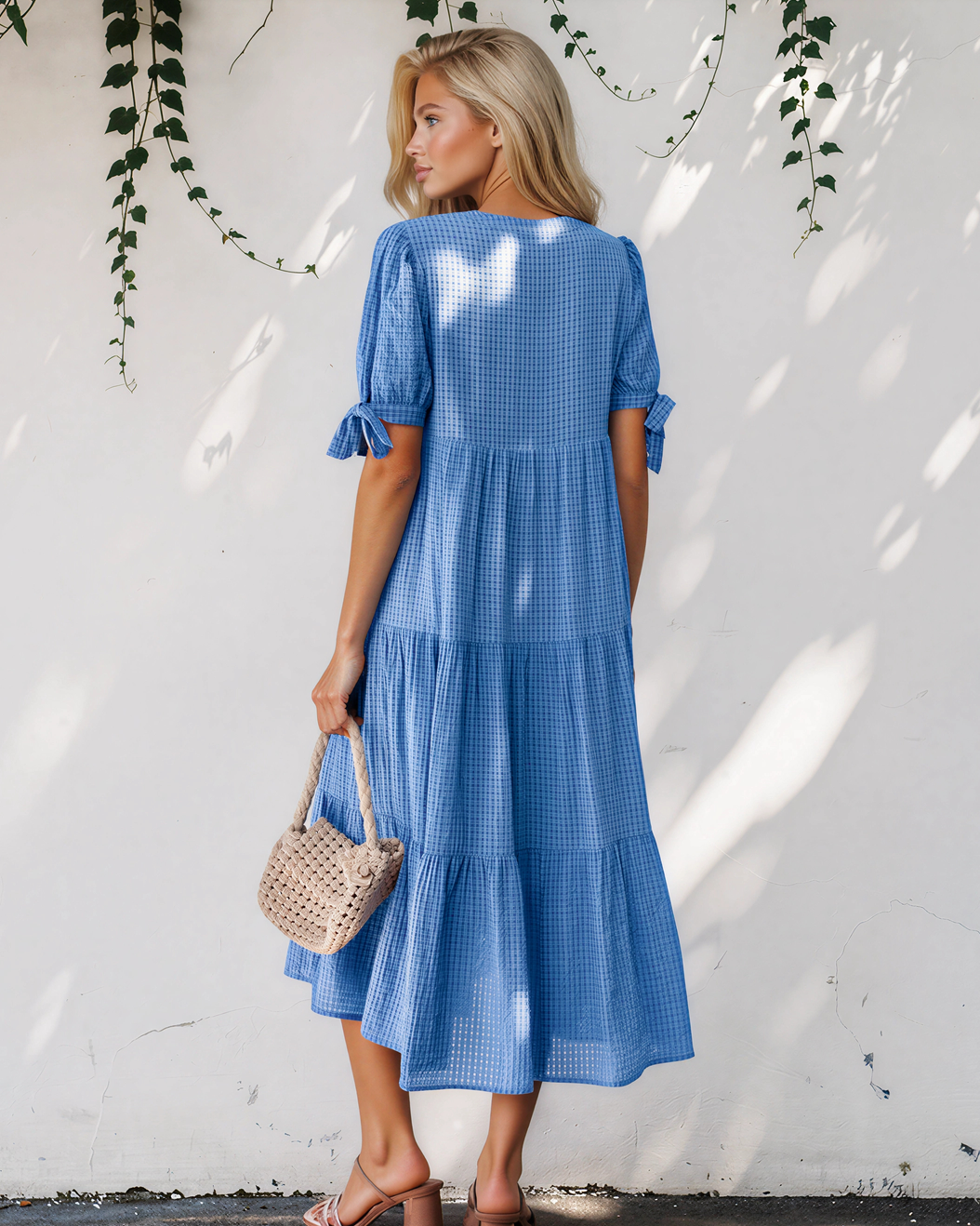 Faye Gingham Textured Bow Tie Short Sleeve Tiered Midi Dress in Yellow view 5