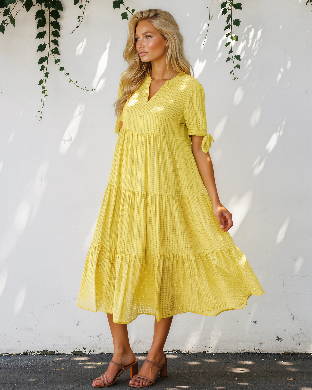 Faye Gingham Textured Bow Tie Short Sleeve Tiered Midi Dress in Yellow view 6