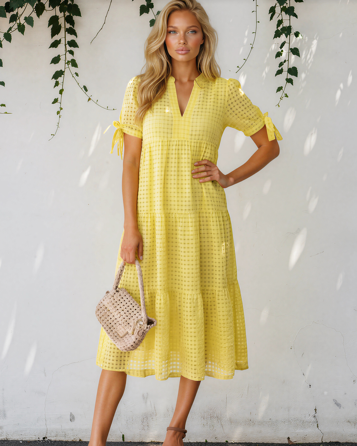 Faye Gingham Textured Bow Tie Short Sleeve Tiered Midi Dress in Yellow view 7
