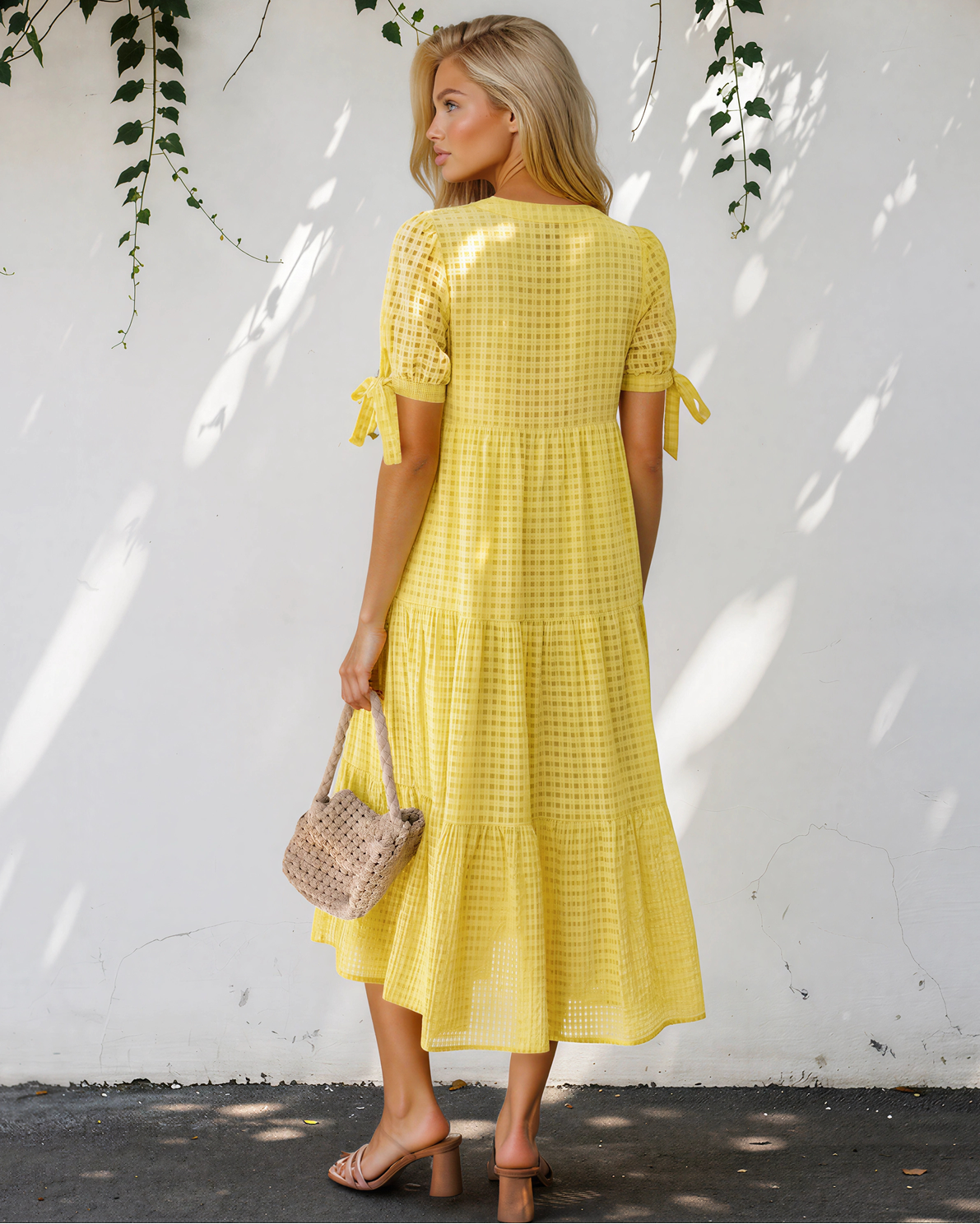 Faye Gingham Textured Bow Tie Short Sleeve Tiered Midi Dress in Yellow view 8