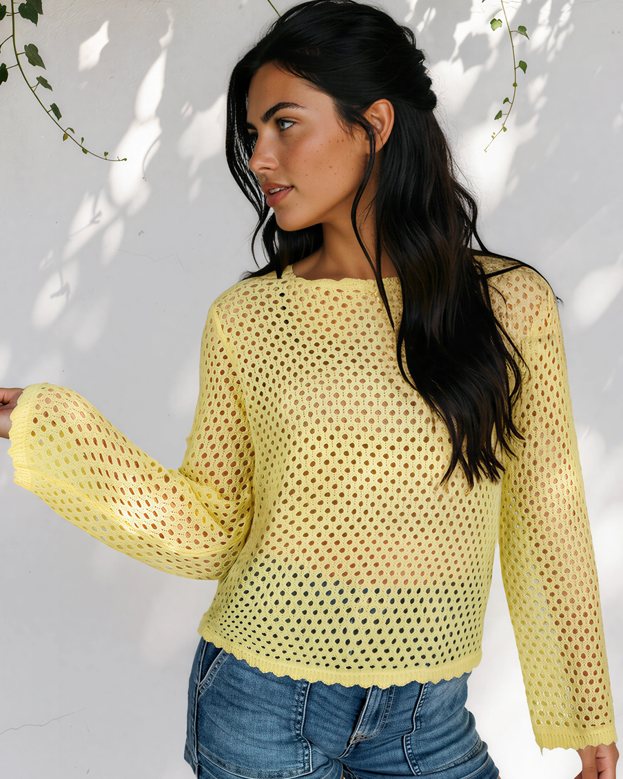Felicity Hollow Out Knit Long Sleeve Top in Yellow Cream view 4 - Fall Wardrobe Essential - Long Top