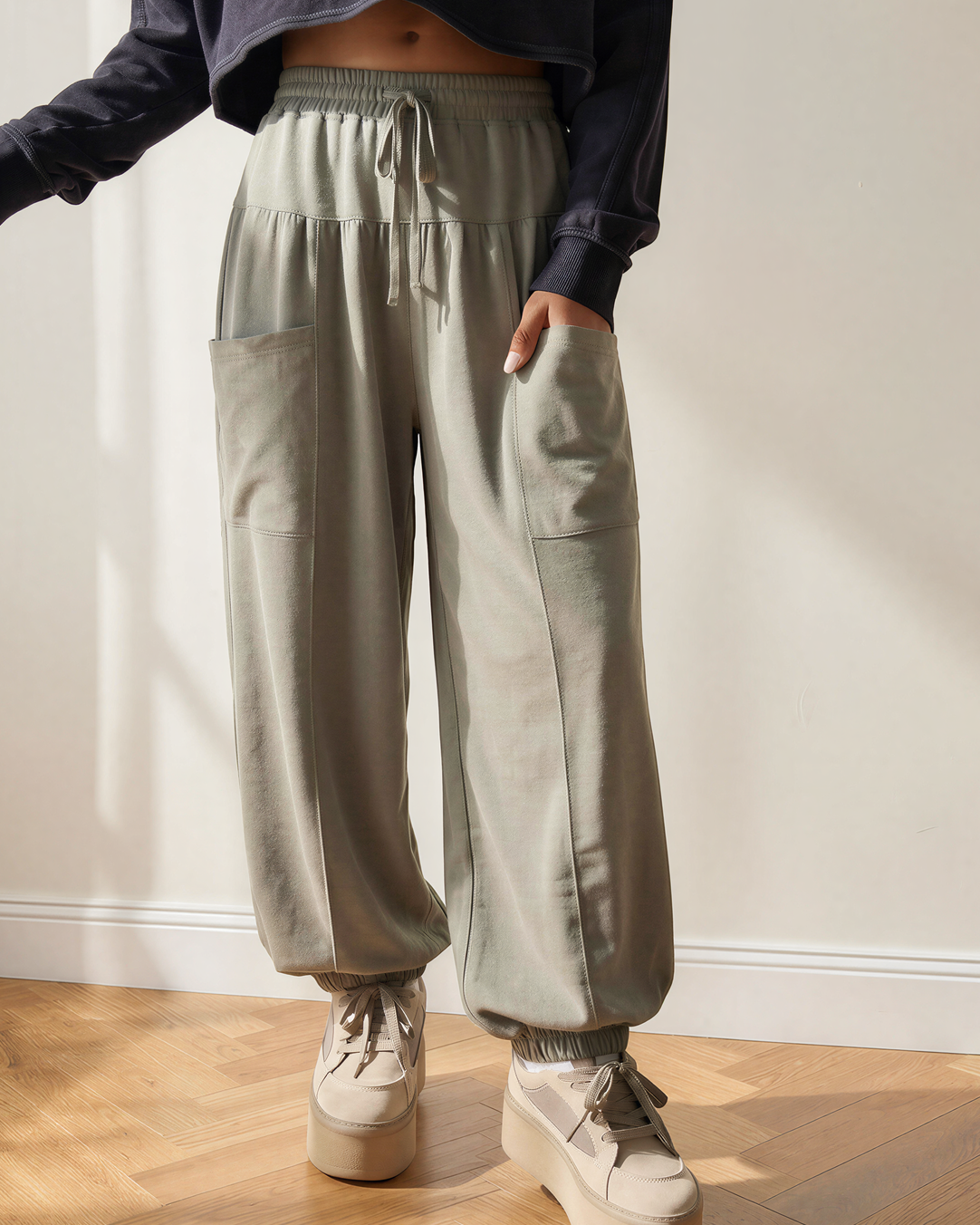 Fern Elastic Waist Drawstring Wide Leg Full Length Pants in L view 3 - Comfort Stretch (bottom)