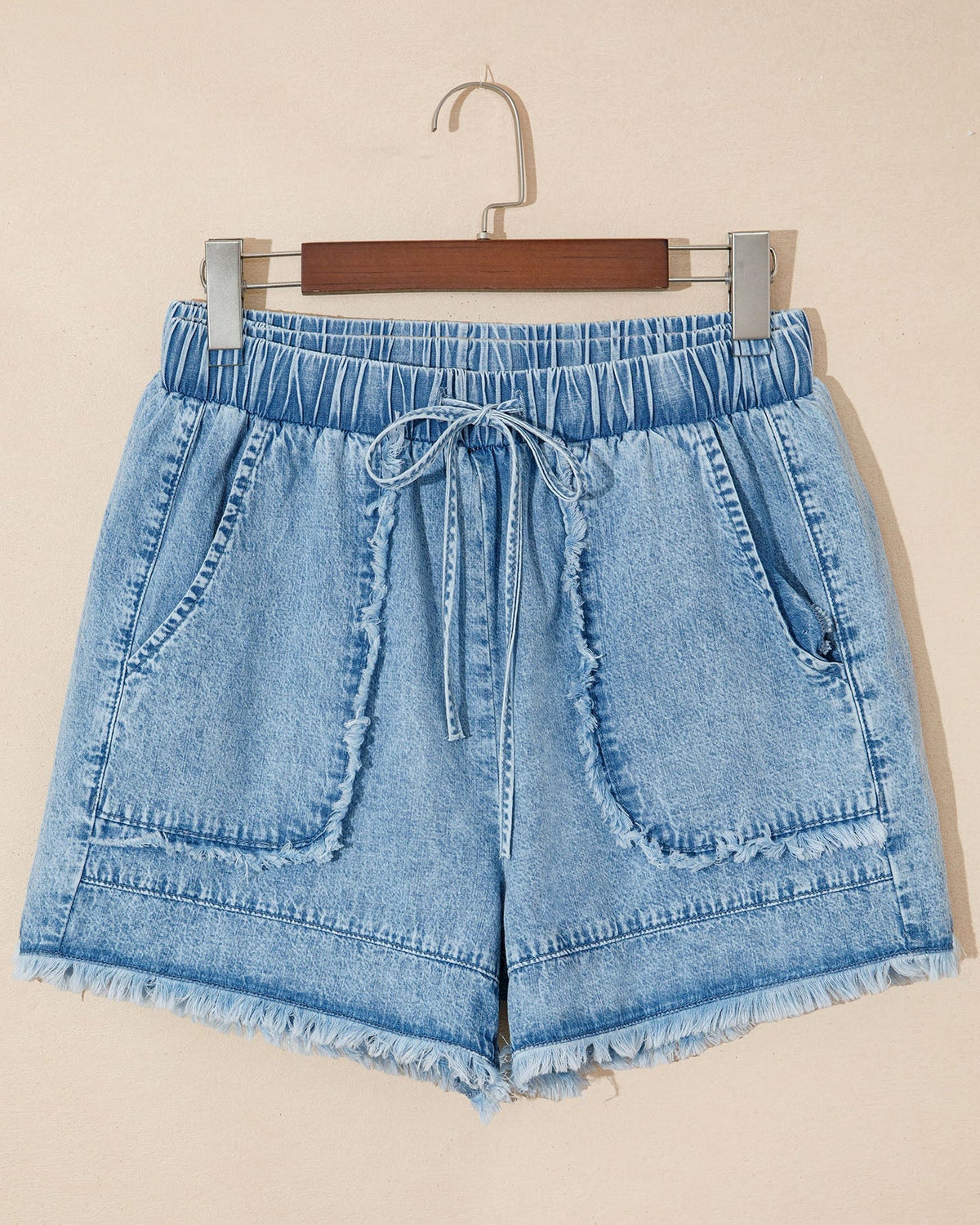 Finlee Frayed Edge Casual Denim Shorts in Myosotis view 3 (bottom)
