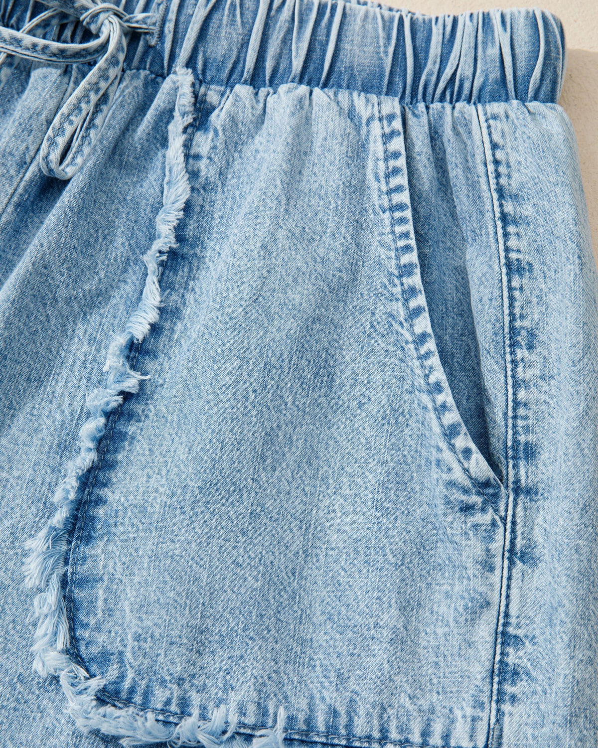 Finlee Frayed Edge Casual Denim Shorts in Myosotis view 6 (bottom)