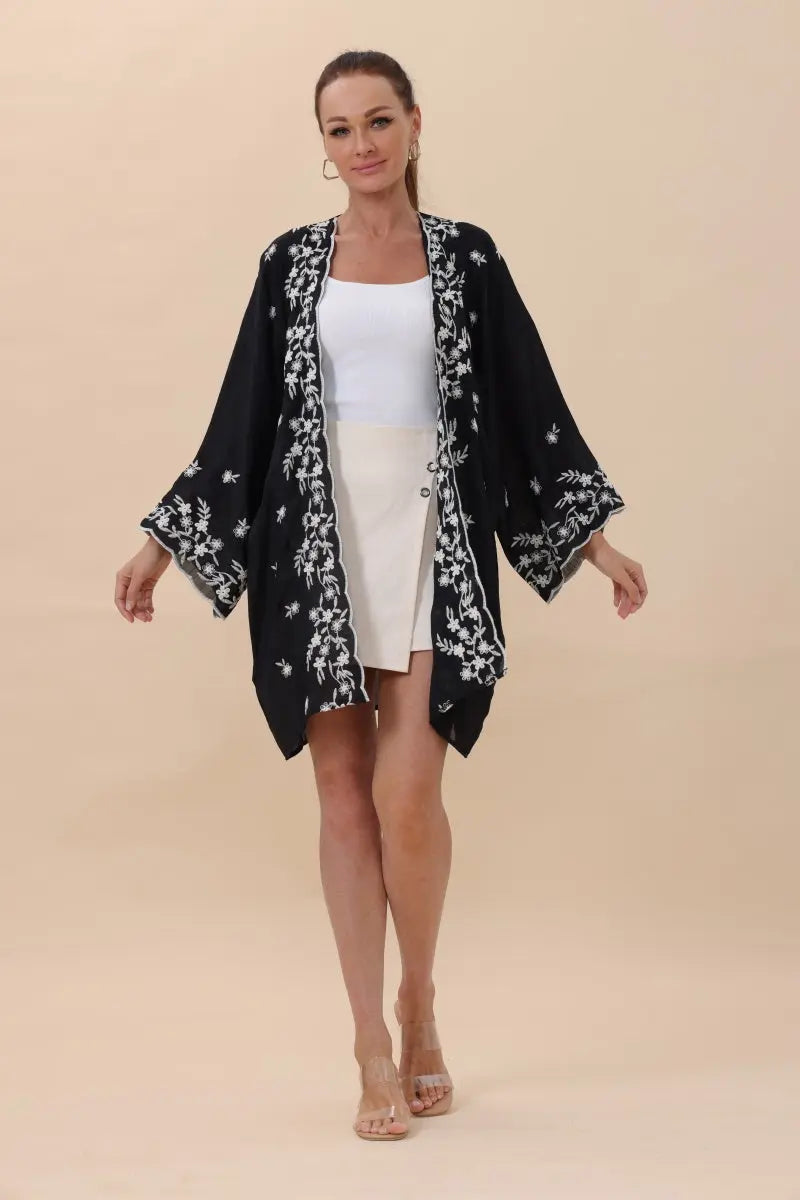 Floral Embroidered Open Front Kimono Cardigan – Lightweight Top - MeeeShop Women's Fashion