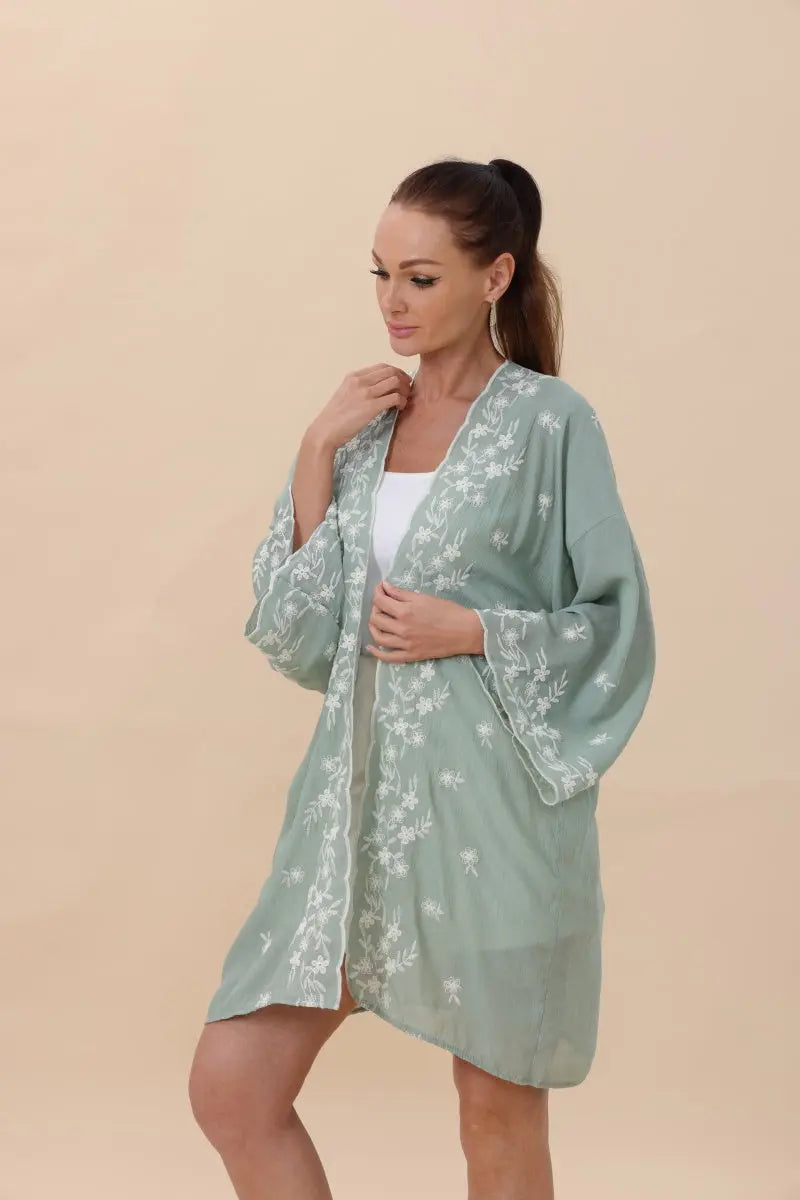 Floral Embroidered Open Front Kimono Cardigan – Lightweight Top - MeeeShop Women's Fashion