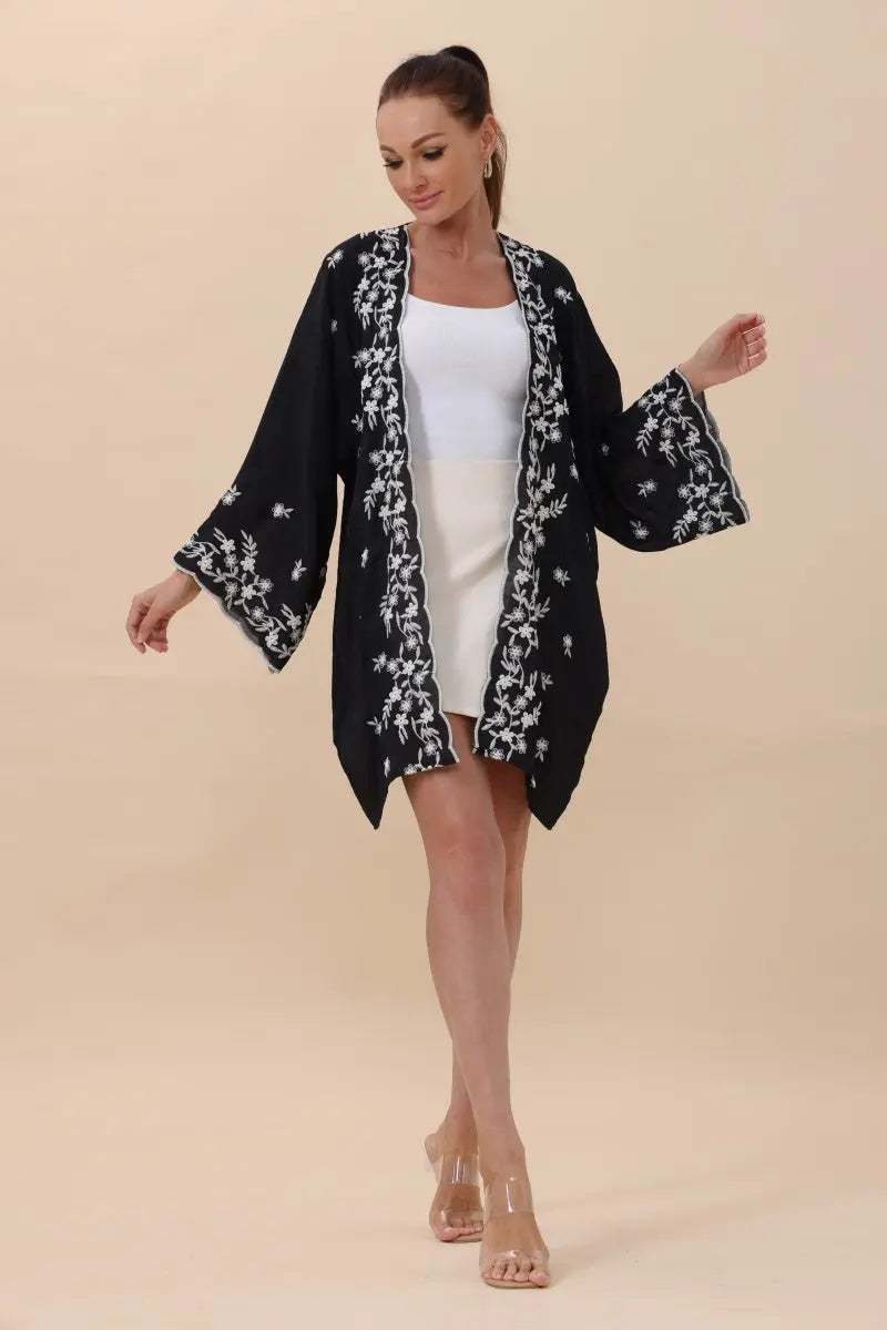 Floral Embroidered Open Front Kimono Cardigan – Lightweight Top - MeeeShop Women's Fashion