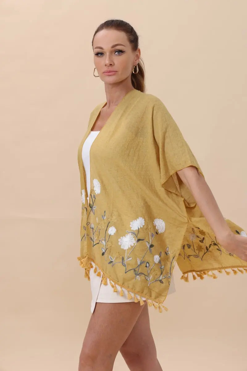 Floral Embroidered Tassel Hem Kimono Cardigan Top - MeeeShop Women's Fashion