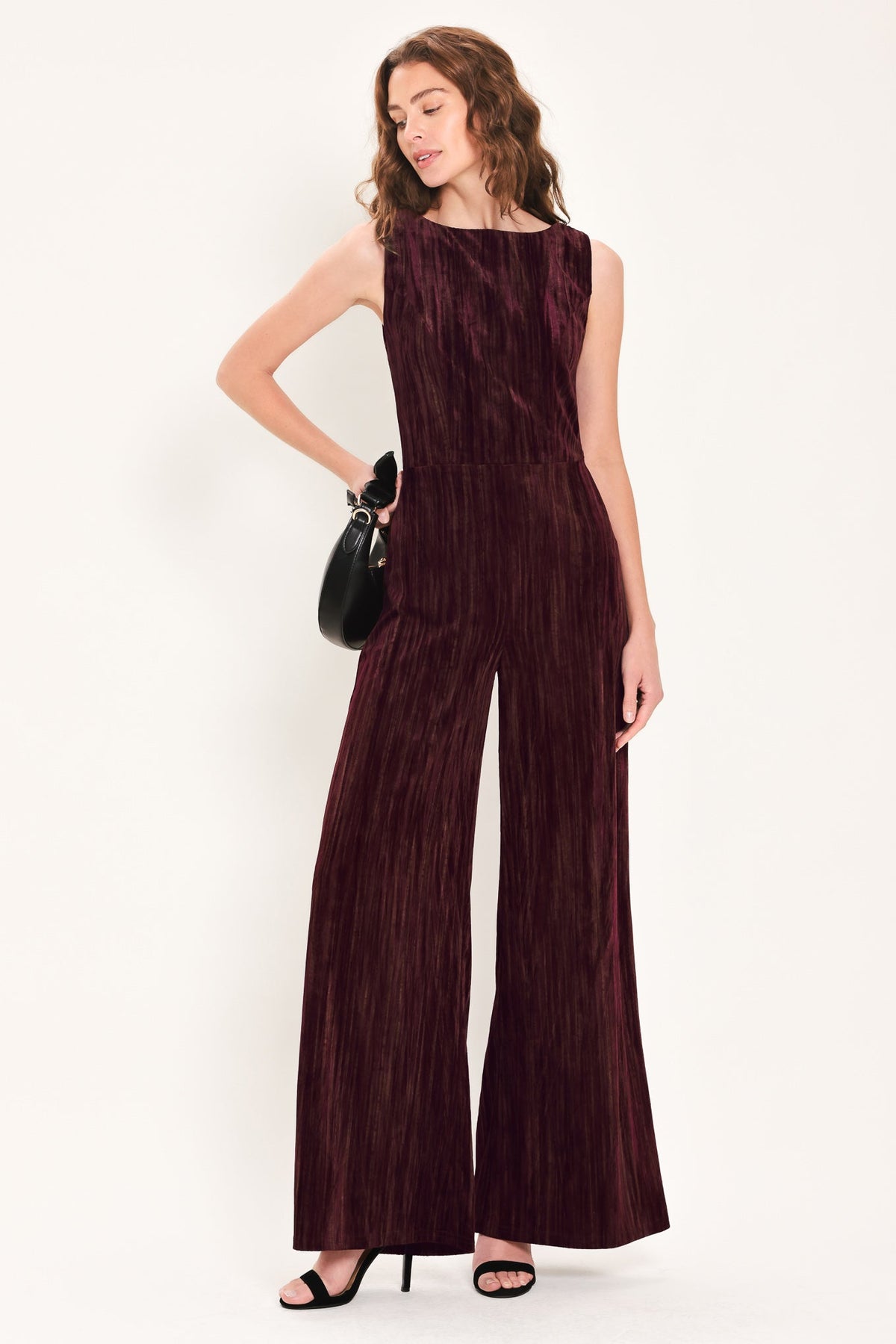 Flying Tomato Bordeaux Nights Burgundy Textured Velvet Wide-leg Jumpsuit in BURGUNDY (one-piece)
