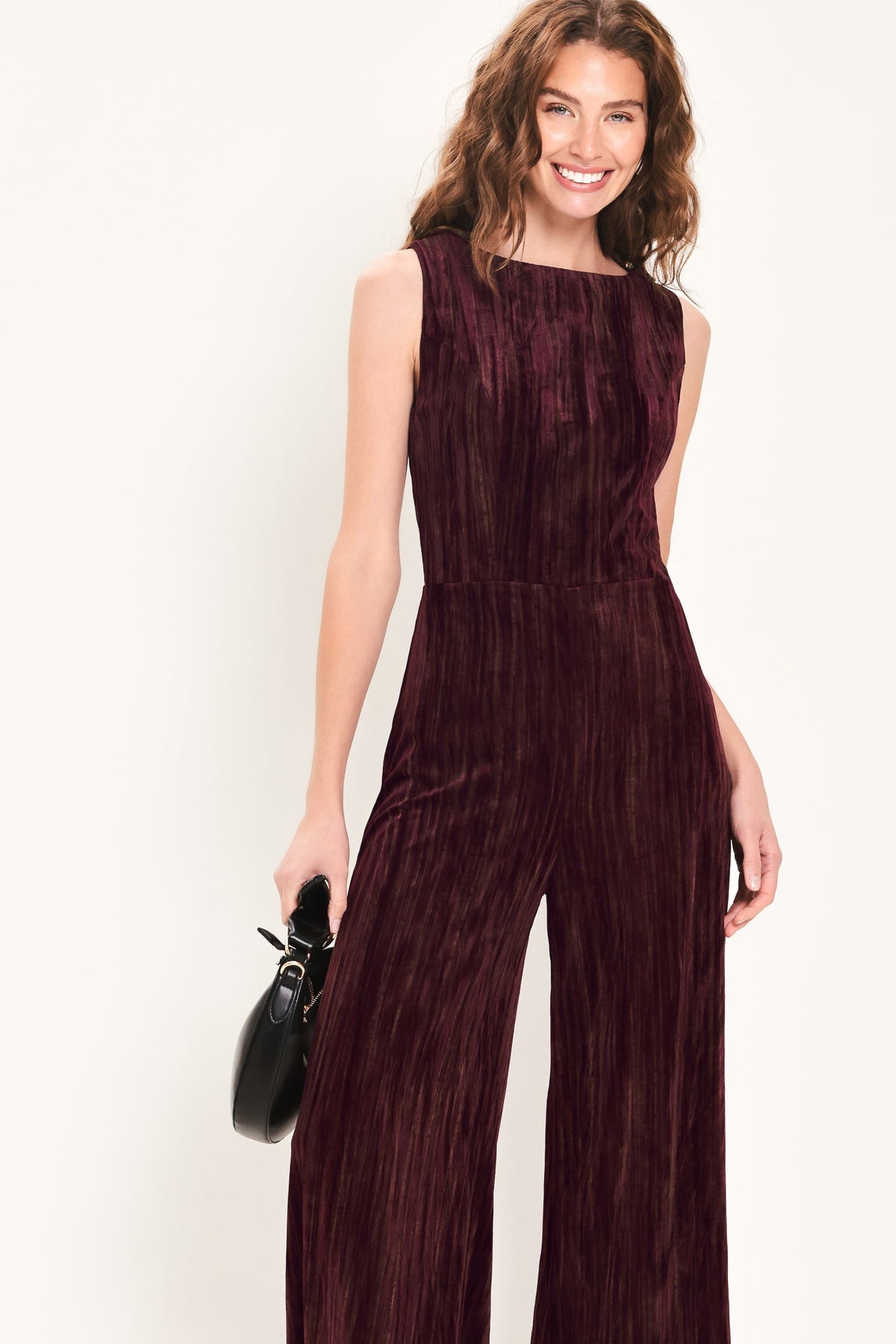 Flying Tomato Bordeaux Nights Burgundy Textured Velvet Wide-leg Jumpsuit in BURGUNDY view 4 (one-piece)