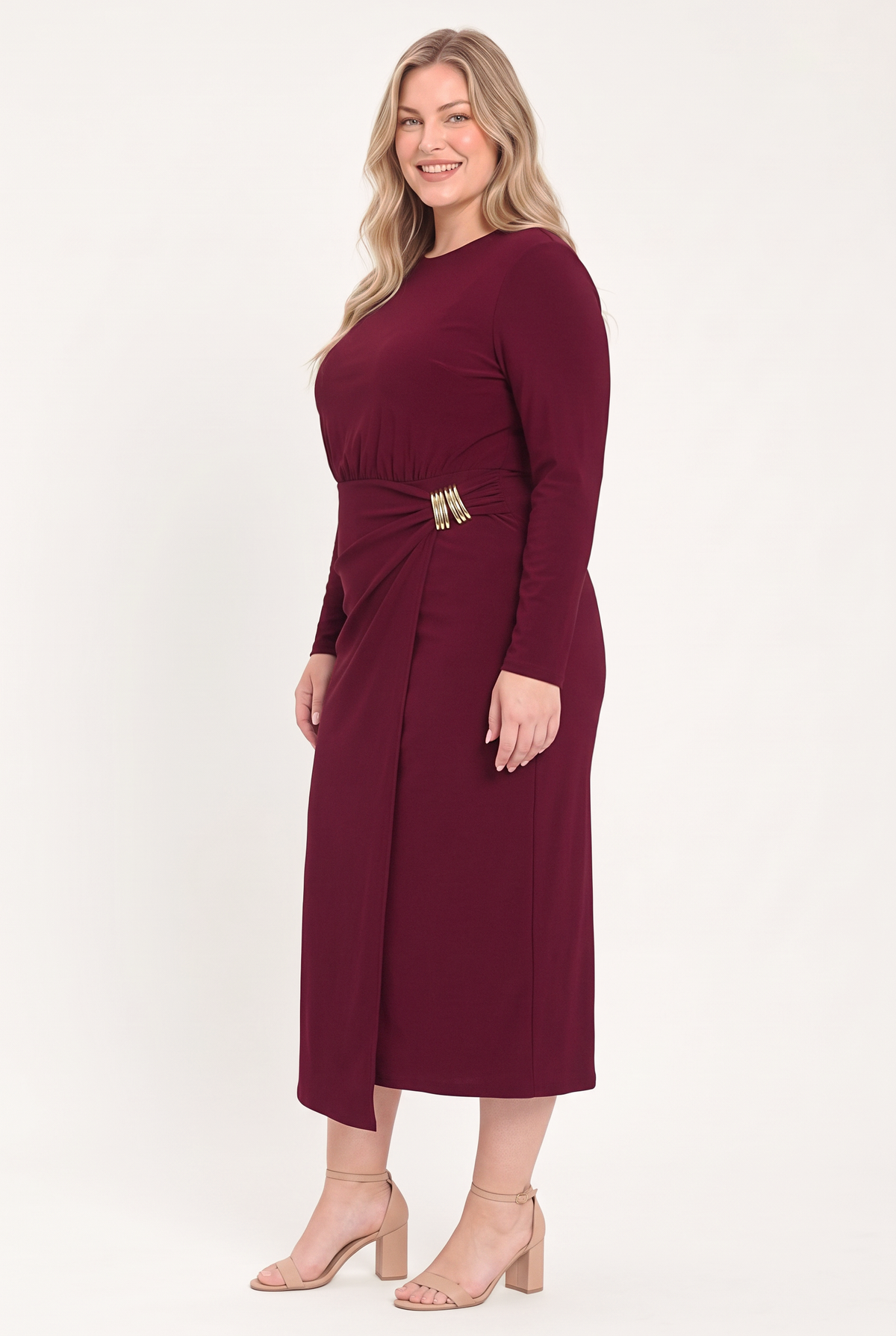 Flying Tomato Bordeaux Sculpt Burgundy Gathered Hardware Midi Dress view 11