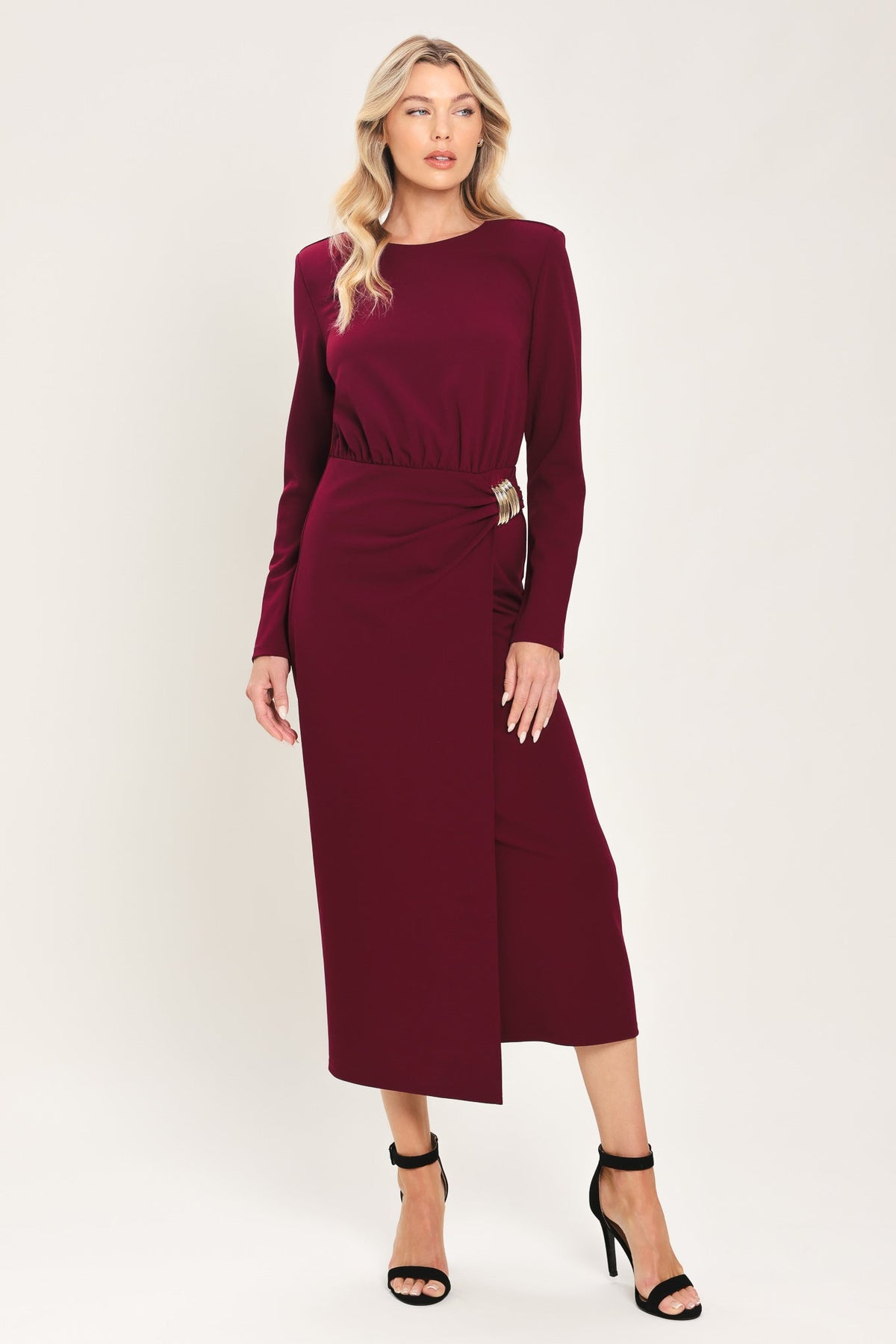 Flying Tomato Bordeaux Sculpt Burgundy Gathered Hardware Midi Dress in BURGUNDY view 3