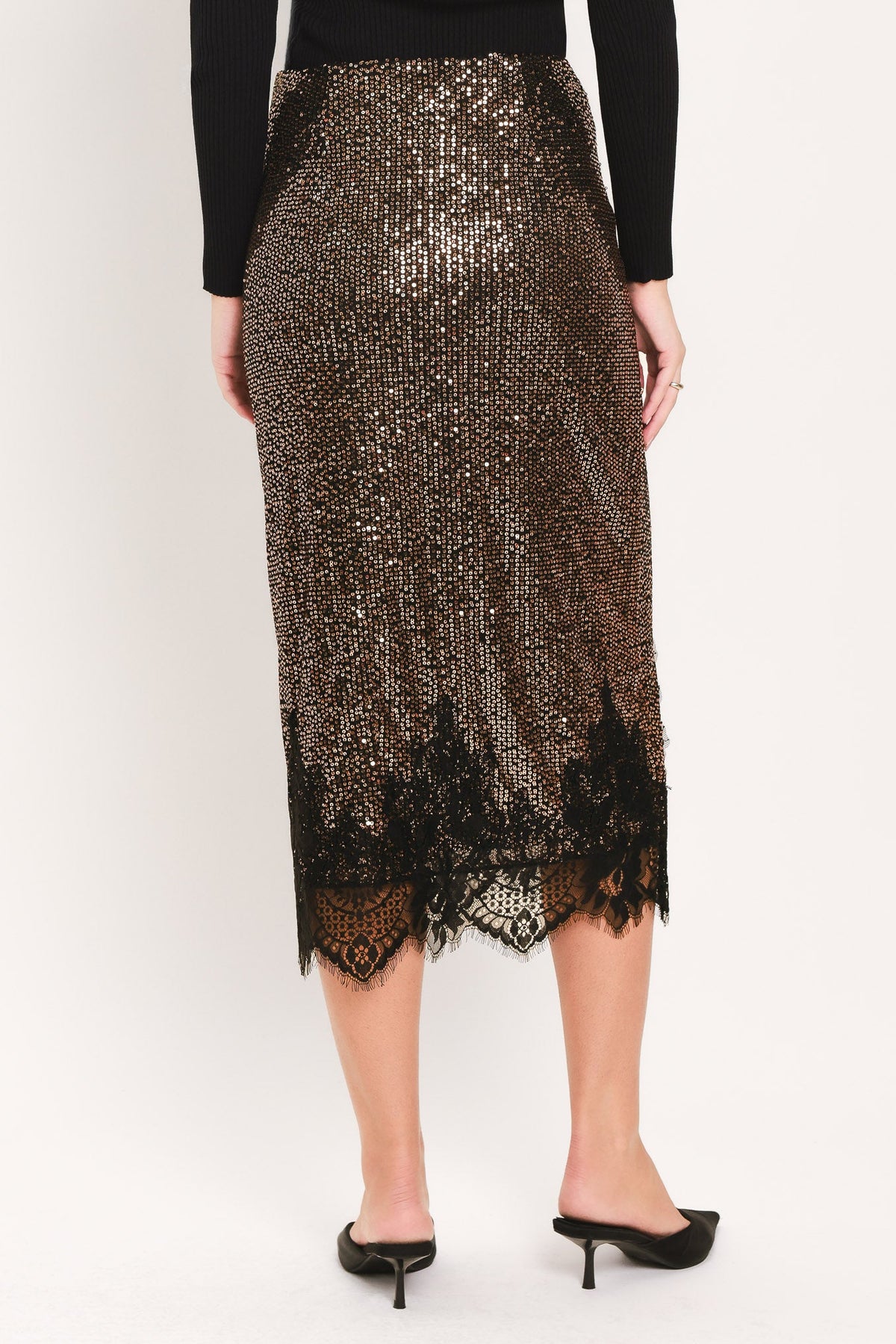 Flying Tomato Bronze Luster Bronze/black Sequin Lace-hem Midi Skirt view 14 (dress)