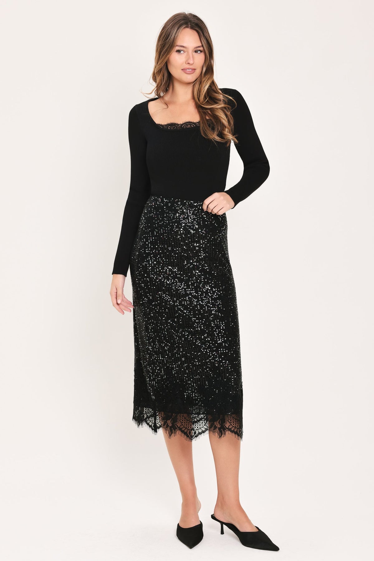 Flying Tomato Bronze Luster Bronze/black Sequin Lace-hem Midi Skirt in BRONZE view 3 (dress)