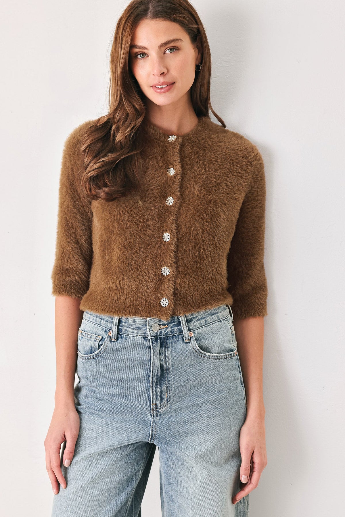 Flying Tomato Camel Classic Camel/off White Elbow-sleeve Cardigan Top in CAMEL - Classic Camel Jacket