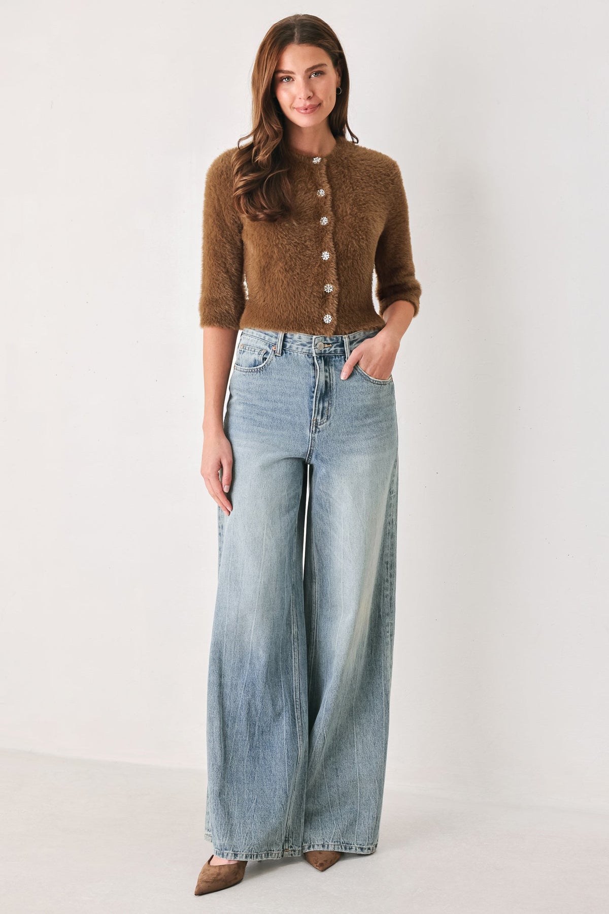 Flying Tomato Camel Classic Camel/off White Elbow-sleeve Cardigan Top in CAMEL view 3 - Classic Camel Jacket