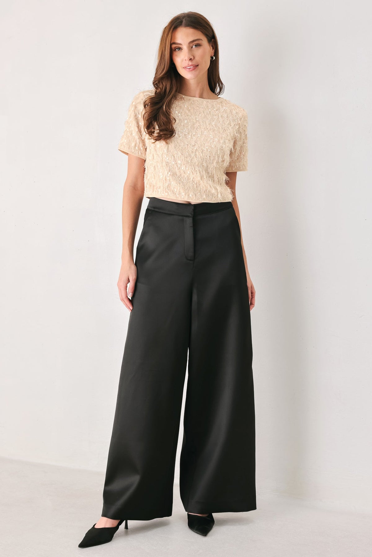 Flying Tomato Champagne Whisper Sequin Eyelash Mesh Cropped Top in CHAMPAGNE view 3