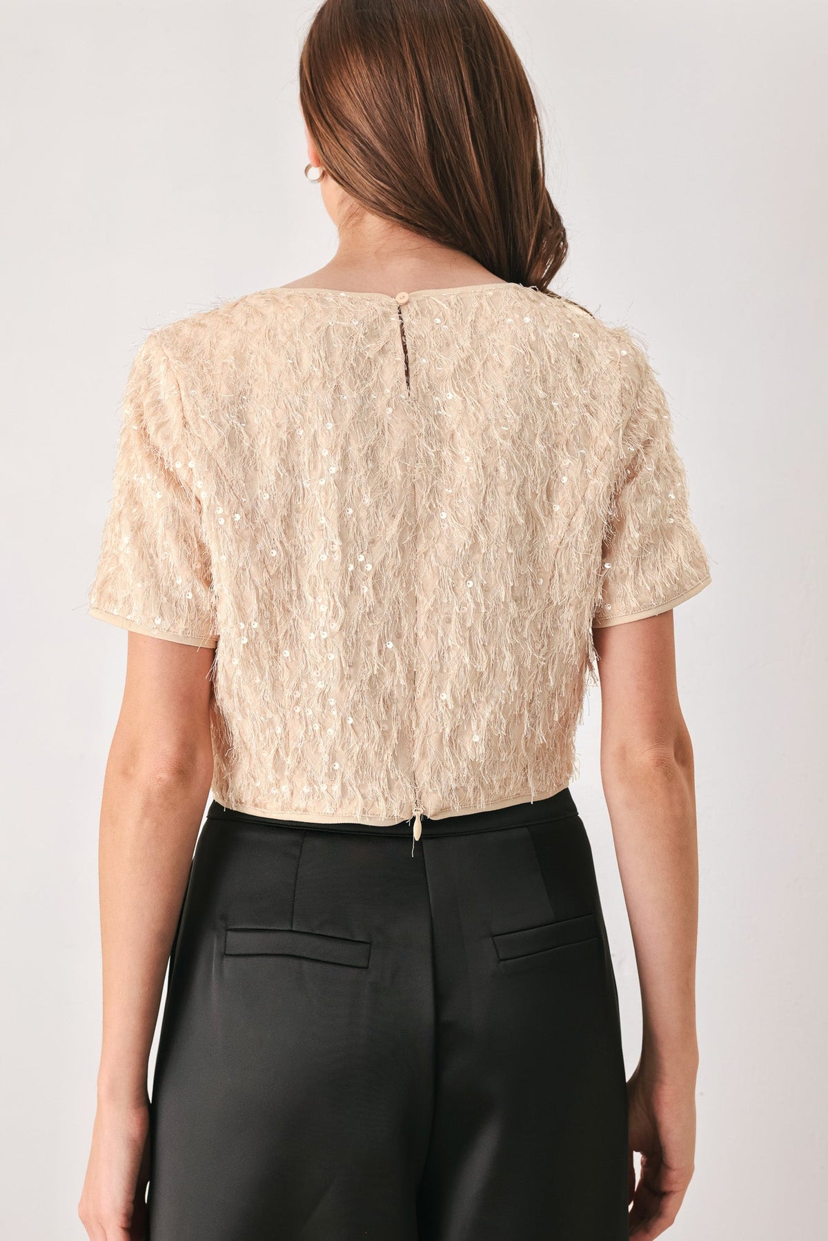 Flying Tomato Champagne Whisper Sequin Eyelash Mesh Cropped Top in CHAMPAGNE view 6