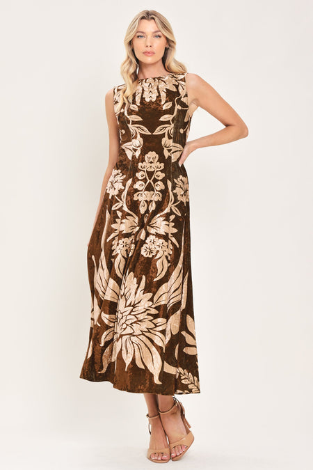 Flying Tomato Cocoa Bloom Brown Printed Velvet Circle-skirt Midi Dress