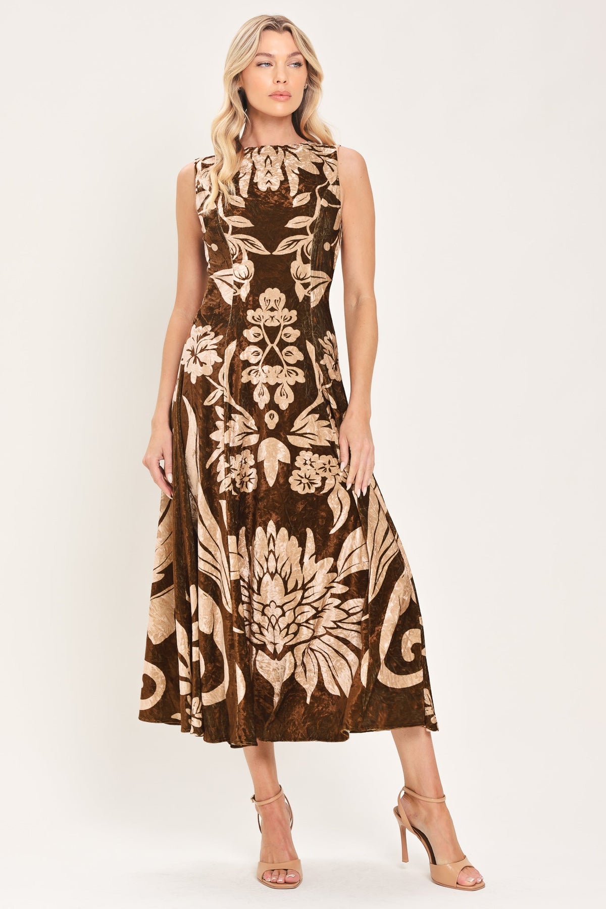 Flying Tomato Cocoa Bloom Brown Printed Velvet Circle-skirt Midi Dress view 5 - Dress Skirt