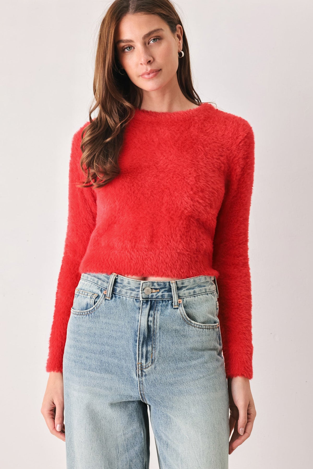 Flying Tomato Color Pop Fuzzy Sweater Top in RED view 6 - Color Pop Hoodie