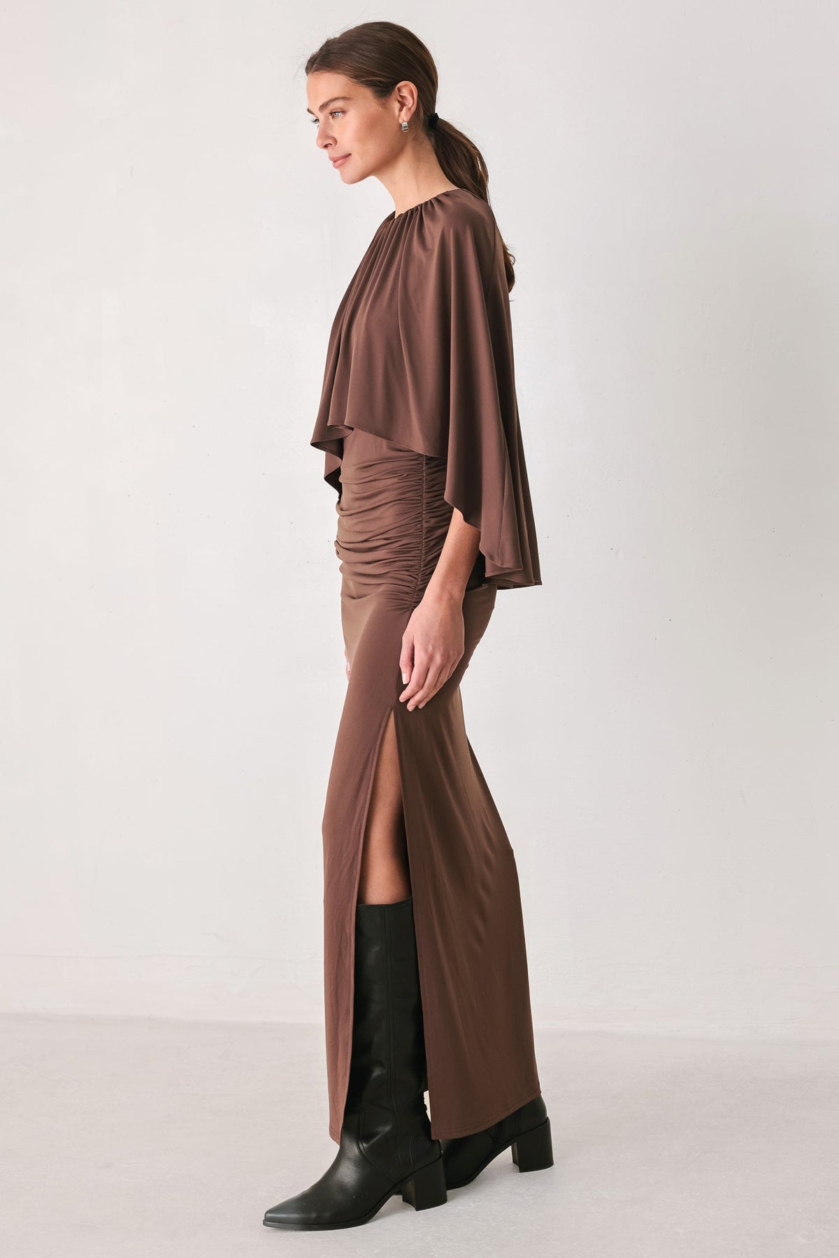Flying Tomato Dusty Rose Drape Mauve Caplet Shirred Midi Dress view 4 - Dusty Rose Dress For Wedding