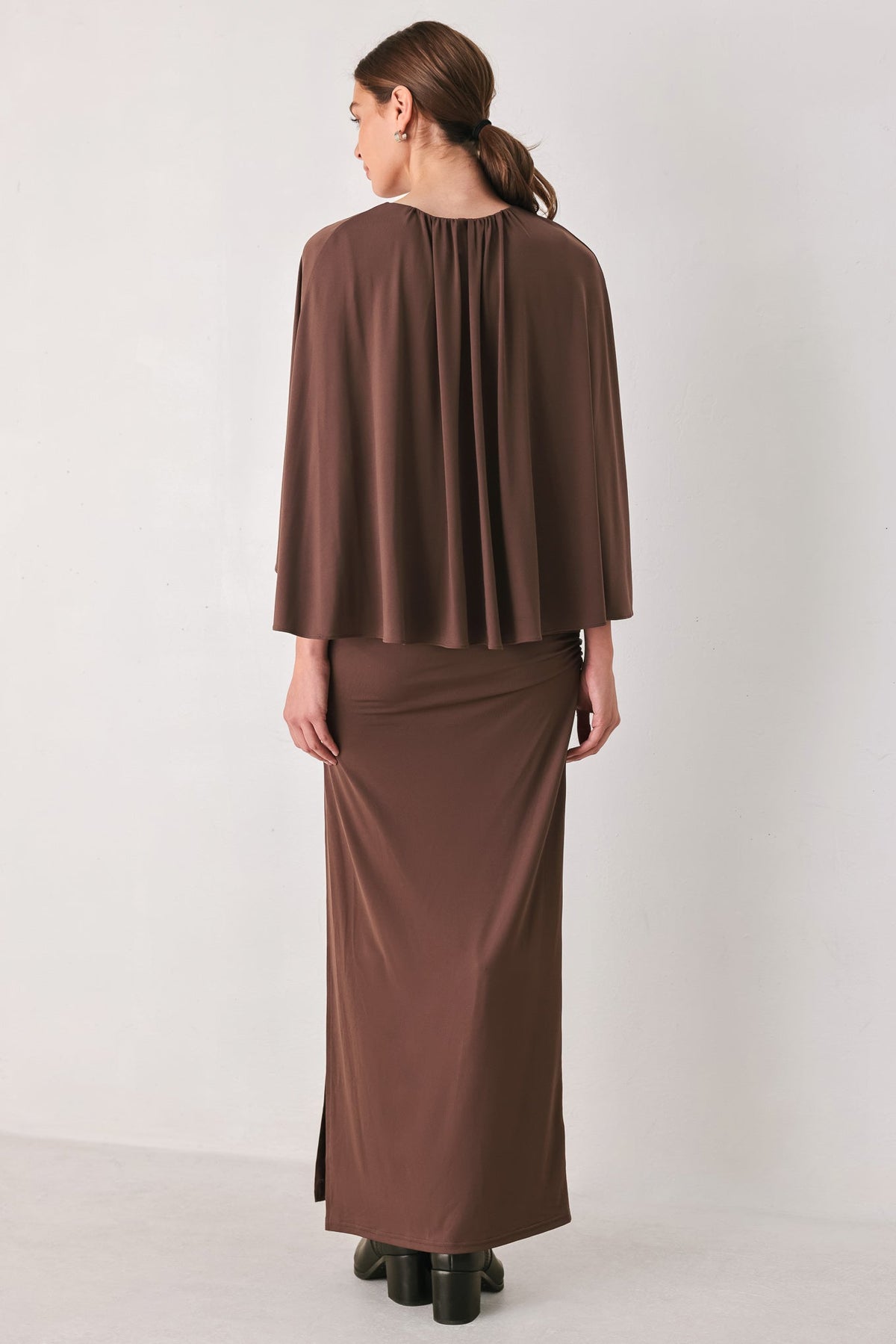 Flying Tomato Dusty Rose Drape Mauve Caplet Shirred Midi Dress view 6 - Dusty Rose Dress For Wedding