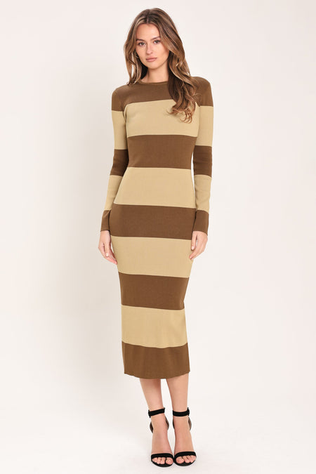 Flying Tomato Espresso & Cream Sweater Knit Midi Dress
