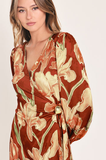 Flying Tomato Falling for You Faux Wrap Midi Dress in RUST view 2 - Fall Wardrobe Essential - Falling For You Dress