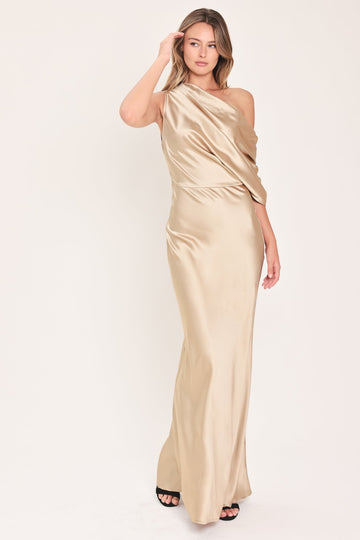 Flying Tomato Gilded Drape Satin One-shoulder Maxi Dress in CHAMPAGNE view 2 - Golden Drape Dress
