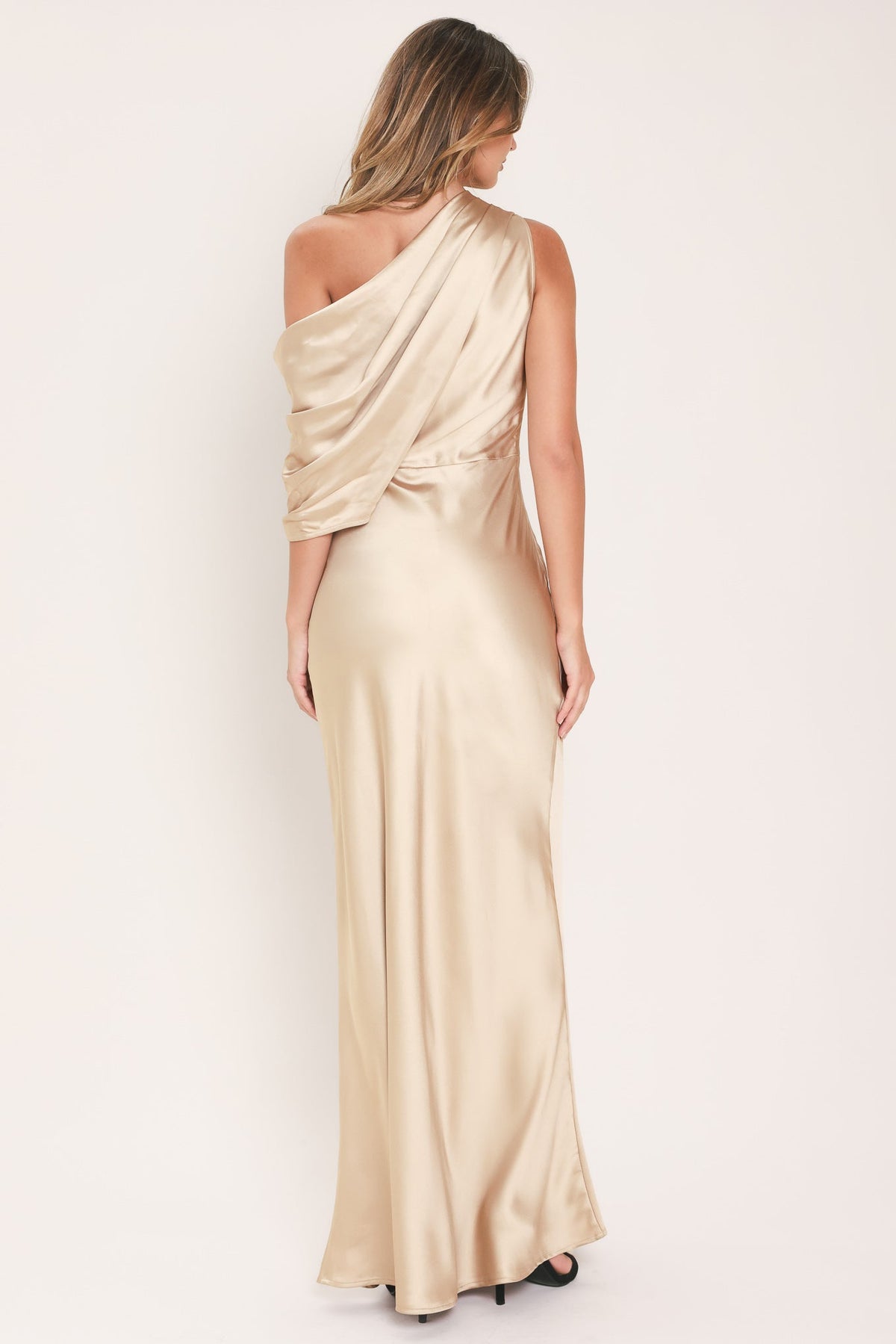 Flying Tomato Gilded Drape Satin One-shoulder Maxi Dress in WINE view 9 - Golden Drape Dress
