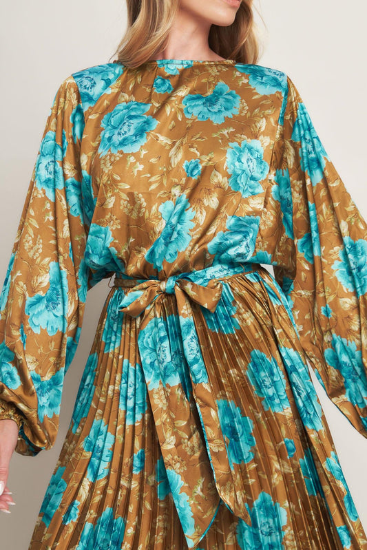 Flying Tomato Golden Bloom Luxe Woven Satin Maxi Dress in DIJON view 2 - Golden Blossom Dress