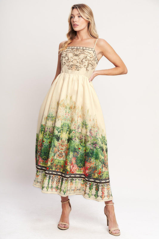 Flying Tomato Heirloom Border Woven Midi Dress in IVORY GREEN view 2