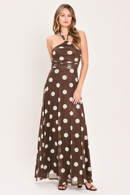 Flying Tomato Polka Kisses Halter Power Mesh Maxi Dress