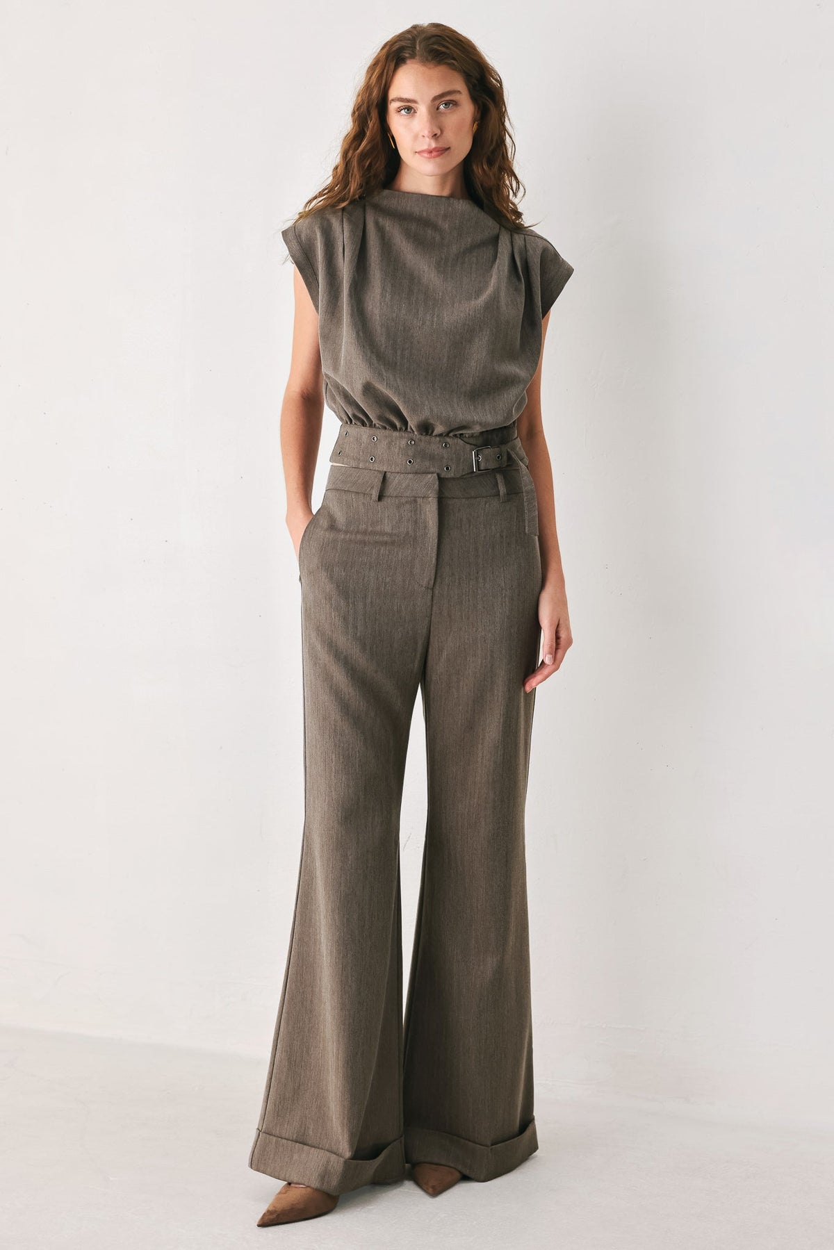 Flying Tomato Tailored Tempo Brown Cuffed Flare Pants in BROWN view 2 (bottom)