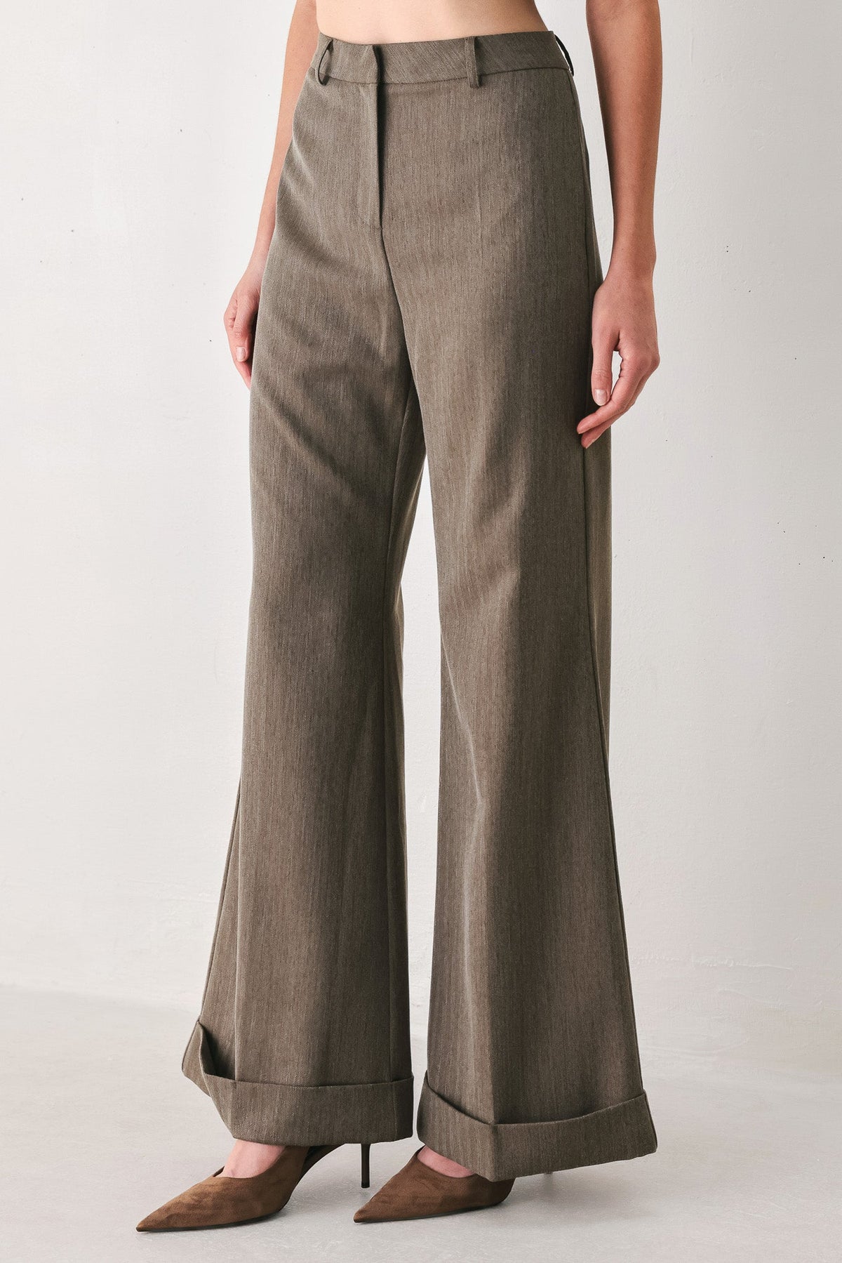 Flying Tomato Tailored Tempo Brown Cuffed Flare Pants in BROWN view 3 (bottom)
