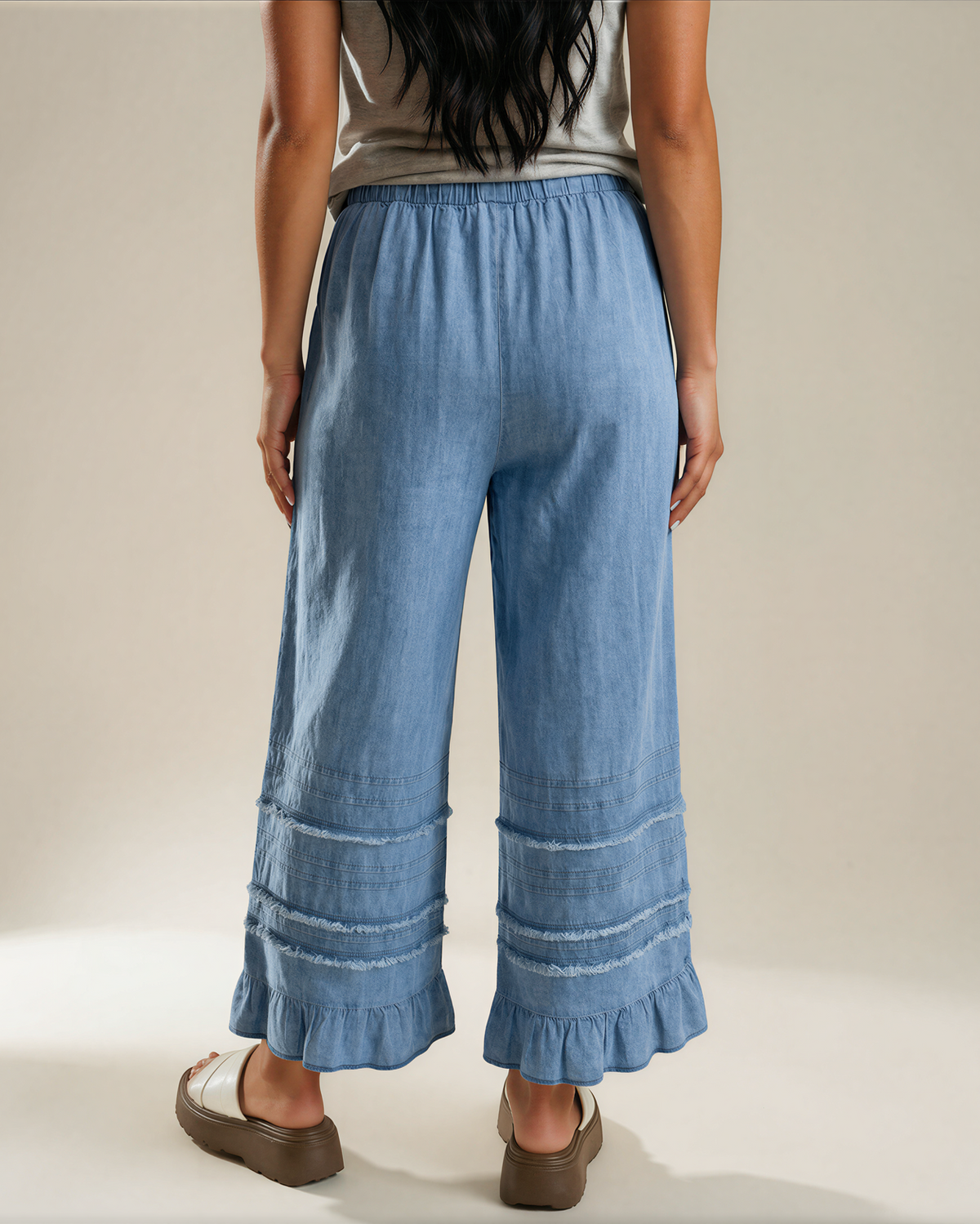 Frankie Ruffled Hem Wide Leg Chambray Pants in Beau Blue view 2 (bottom)