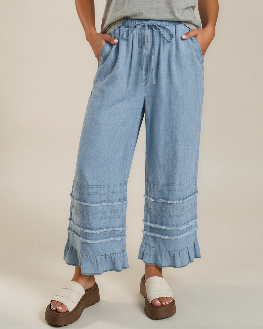 Frankie Ruffled Hem Wide Leg Chambray Pants in Beau Blue view 3 (bottom)