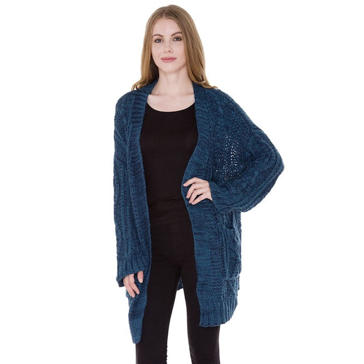 Front Pocket Knit Detail Soft Warm Long Cardigan Top in Teal view 3 - Fall Wardrobe Essential